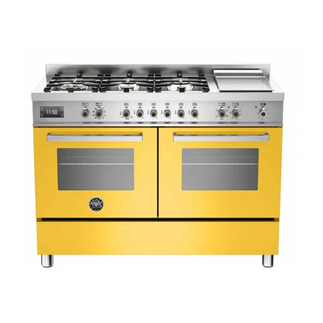 Fogão Bertazzoni Professional de 6 bocas, forno elétrico duplo, 120cm, amarelo, 138 litros, inox escovado.